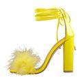 Only maker Women's Ankle Strap Lace Up Gladiator Strappy Fluffy Marabou Feather Block Chunky High Heels Party Sandals Yellow Size 12
