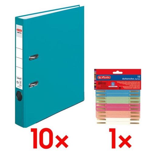 10x Ordner »maX.file protect« schmal inkl. 10er-Pack Heftstreifen »Recycling« türkis, Herlitz, 5×31.8×28.5 cm