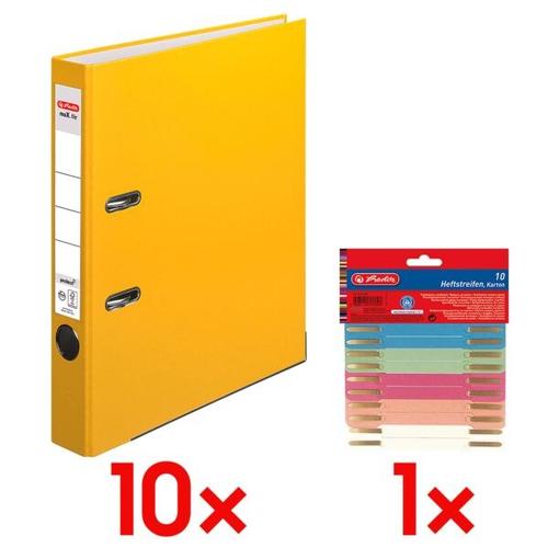 10x Ordner »maX.file protect« schmal inkl. 10er-Pack Heftstreifen »Recycling« gelb, Herlitz, 5×31.8×28.5 cm