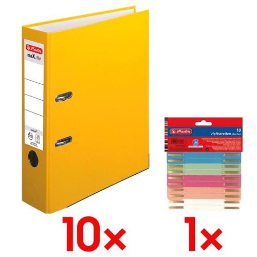 10x Ordner »maX.file protect« breit inkl. 10er-Pack Heftstreifen »Recycling« gelb, Herlitz, 8×31.8×28.5 cm