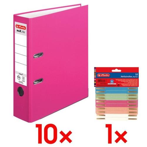 10x Ordner »maX.file protect« breit inkl. 10er-Pack Heftstreifen »Recycling« pink, Herlitz, 8×31.8×28.5 cm