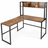 Costway Reversible L-Shaped Corner Desk with Storage Bookshelf-Brown