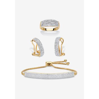 18K Gold-Plated Diamond Accent Demi Hoop Earrings, Ring and Adjustable Bolo Bracelet Set 9" by PalmBeach Jewelry in Gold (Size 10)