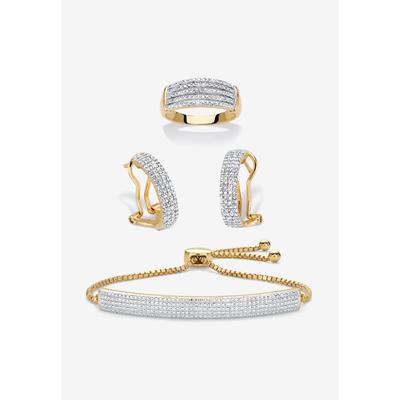 18K Gold-Plated Diamond Accent Demi Hoop Earrings, Ring and Adjustable Bolo Bracelet Set 9" by PalmBeach Jewelry in Gold (Size 10)