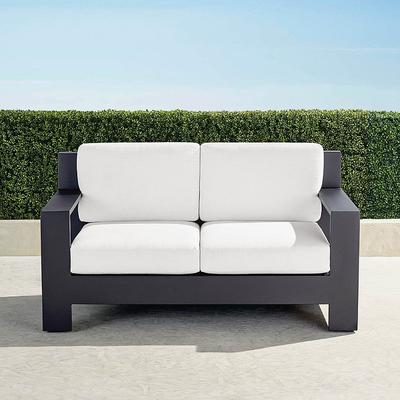 St. Kitts Loveseat with Cushions in Matte Black Aluminum - Standard, Cara Stripe Indigo - Frontgate