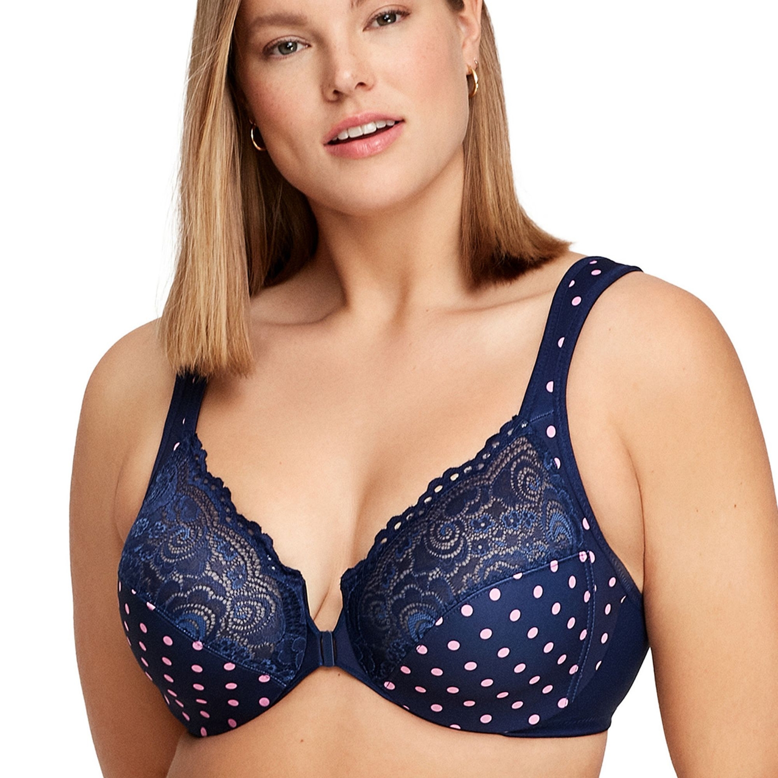Glamorise Front-Close Wonderwire Bra (Size 46-B) Navy/Polka Dot, Elastine,Nylon,Polyester