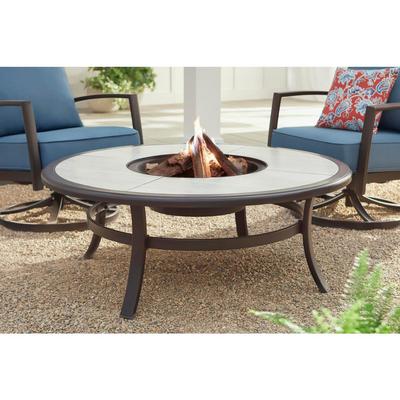 Hampton Bay Whitfield 48 in. Round Galvanized Steel Wood Burning Fire Pit Table in Dark Brown with Stone Look Tile Top