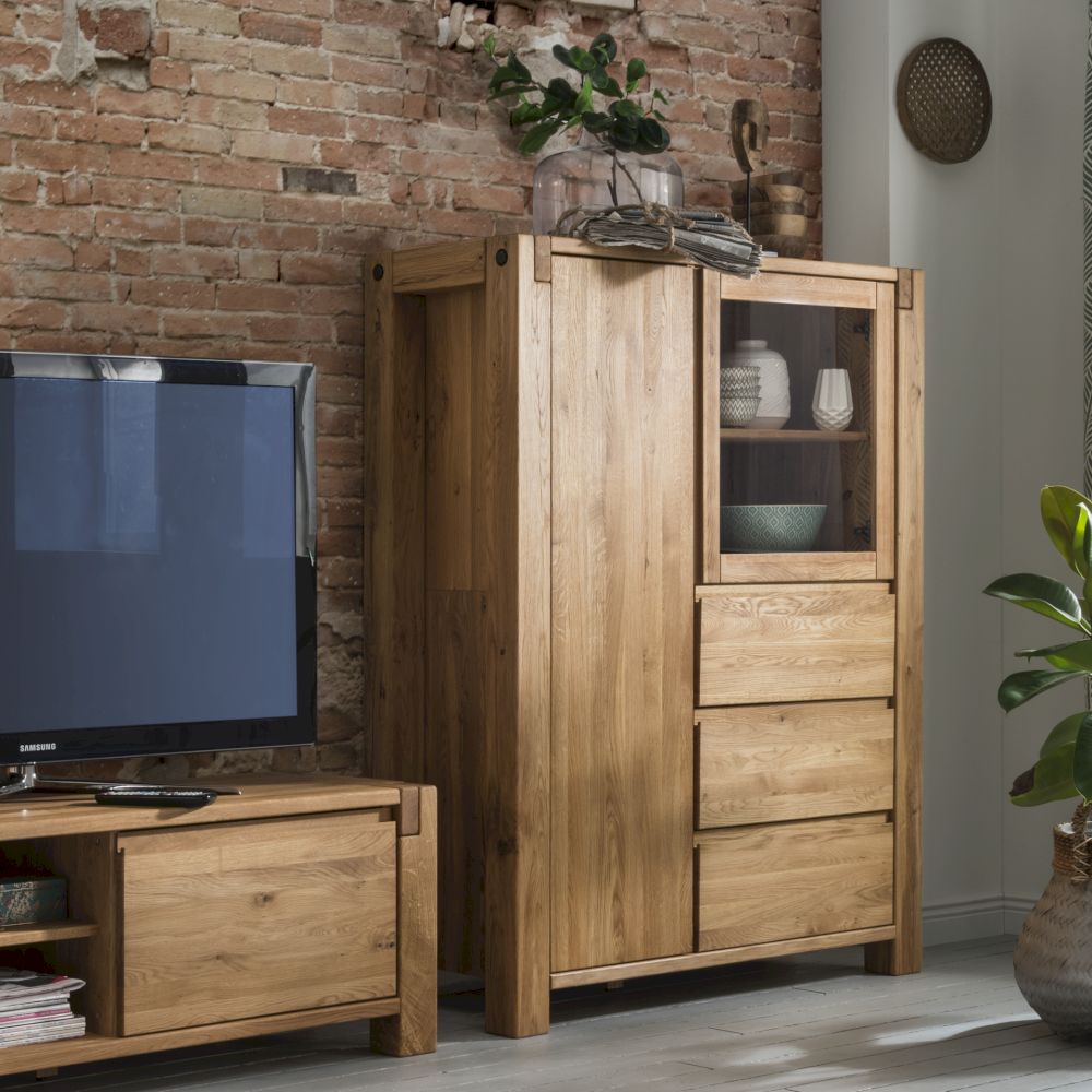 Massivholz »Woodstock« Highboard mit großer Holztüre links, kleiner Glastüre rechts und 3 Schubladen Image