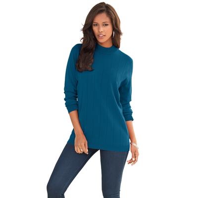 Plus Size Women's Fine Gauge Drop Needle Mockneck Sweater by Roaman's in Ocean Teal (Size L)