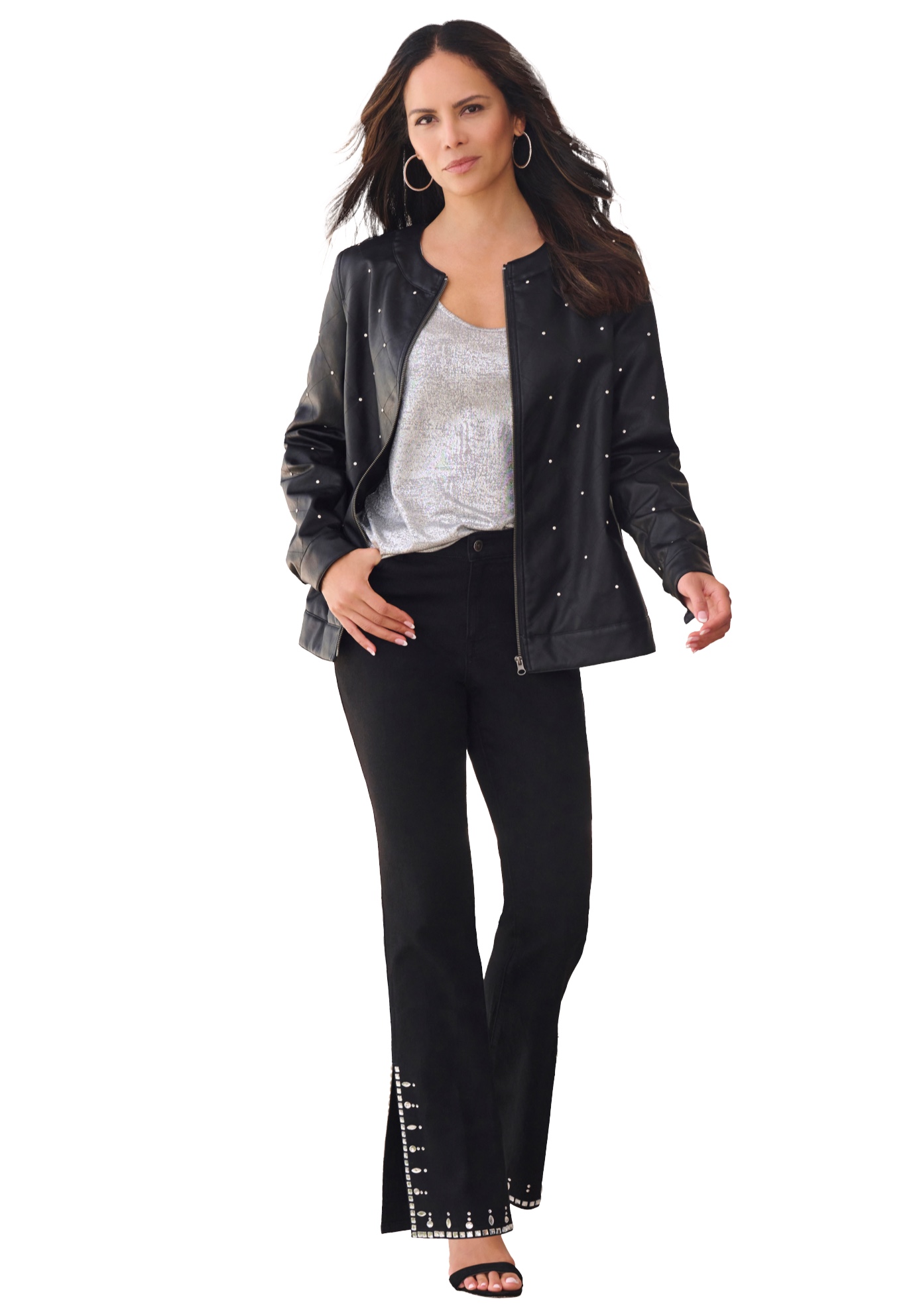 Plus Size Women's Plus Size Studded Faux Leather Bomber by Roaman's in Black (Size 22 W) Vegan Leather Jacket