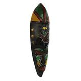 Bungalow Rose Hand-Crafted African Wood Wall Mask Wall Decor in Black/Brown/Green | 16.5 H x 4.7 W x 2.4 D in | Wayfair