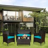 Red Barrel Studio® Nealey 4 Pieces Outdoor Rattan Sofa Seating Group w/ Glass Coffee Table Metal/Wicker/Rattan in Blue | Wayfair