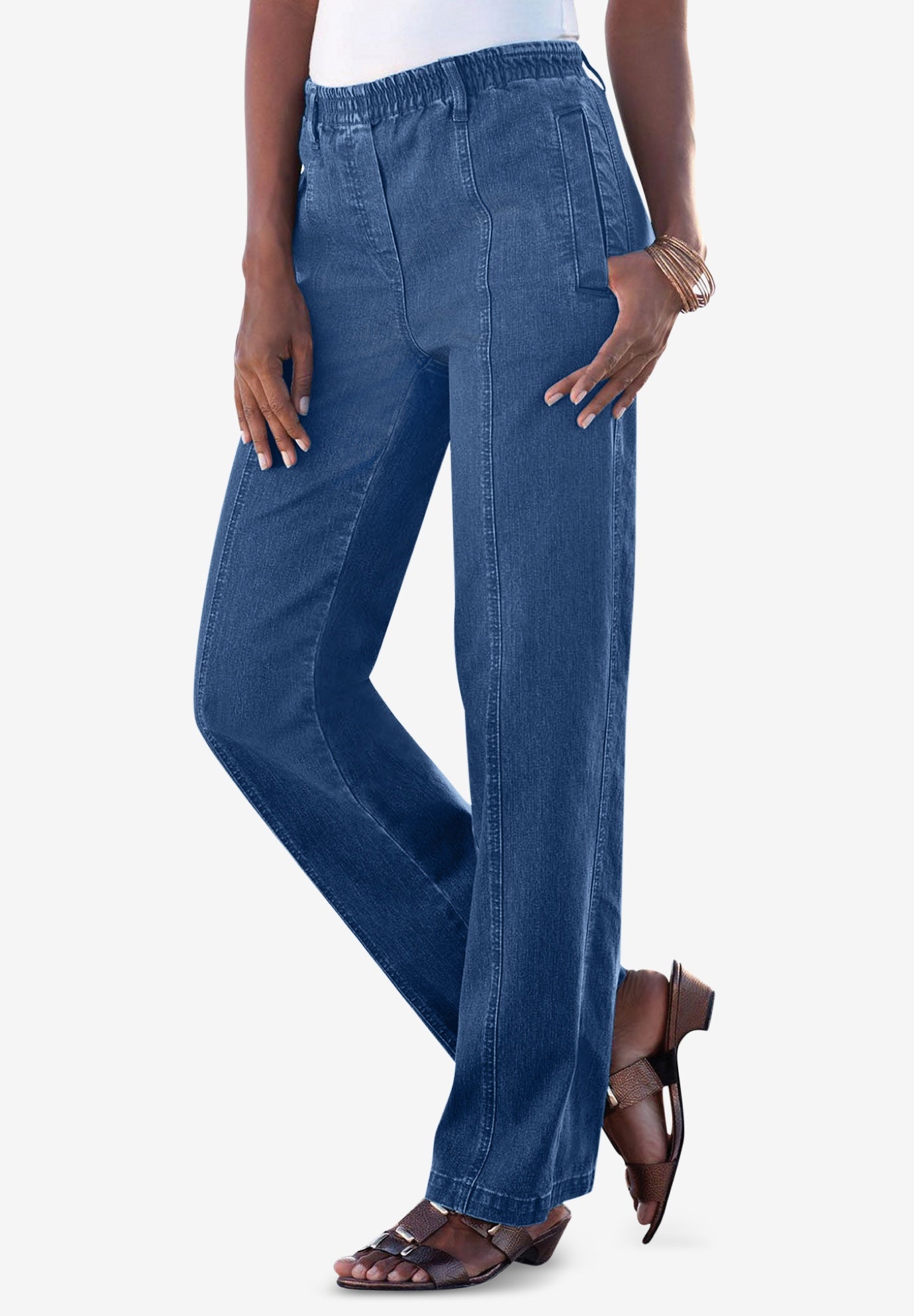 Plus Size Women's Plus Size Easy-Wear Straight Leg Jean by Roaman's in Medium Wash (Size 12 WP) 100% Cotton Elastic Waist Denim