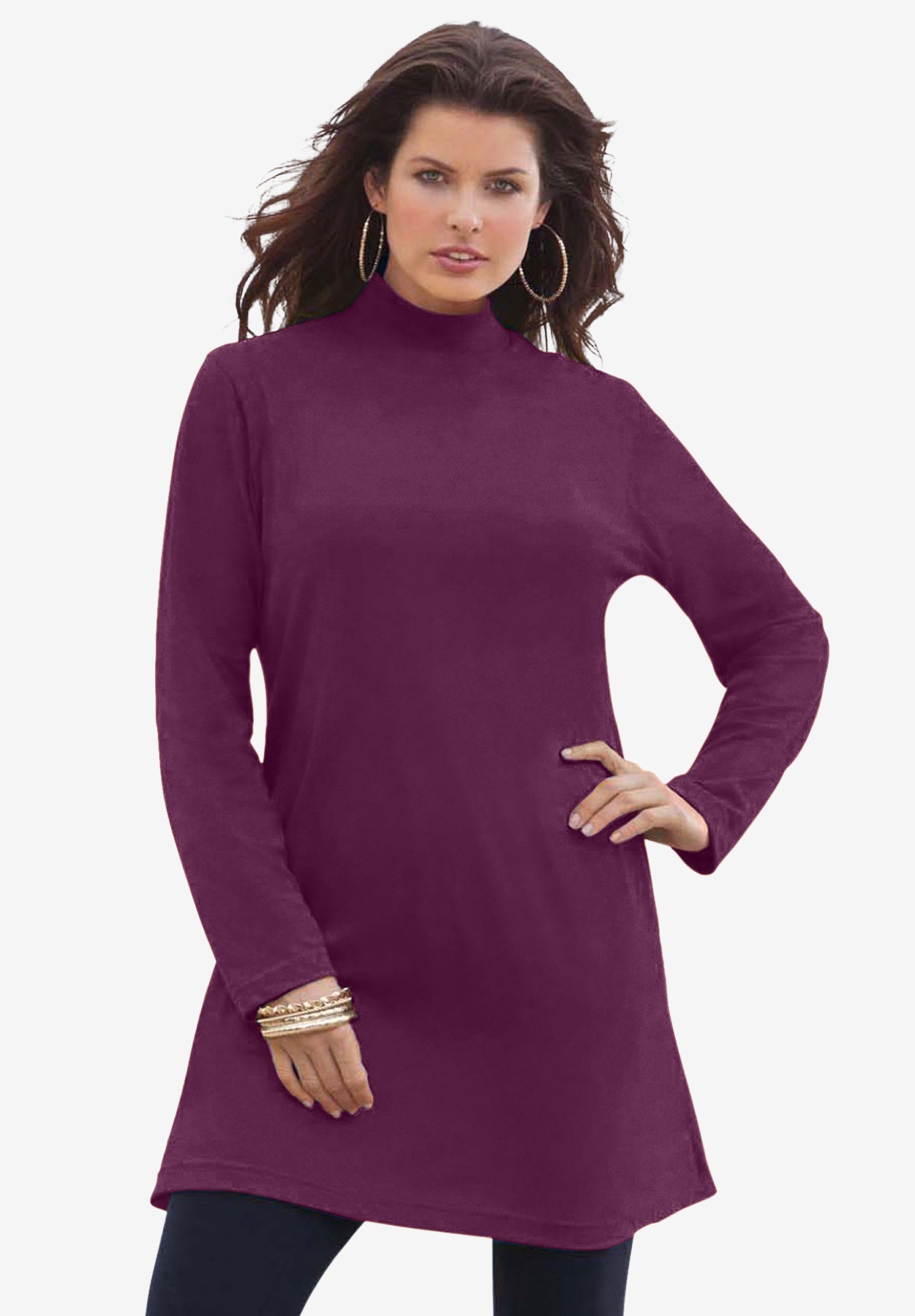 Plus Size Women's Ultimate Mockneck Tunic by Roaman's in Dark Berry (Size 5X) 100% Cotton Mock Turtleneck