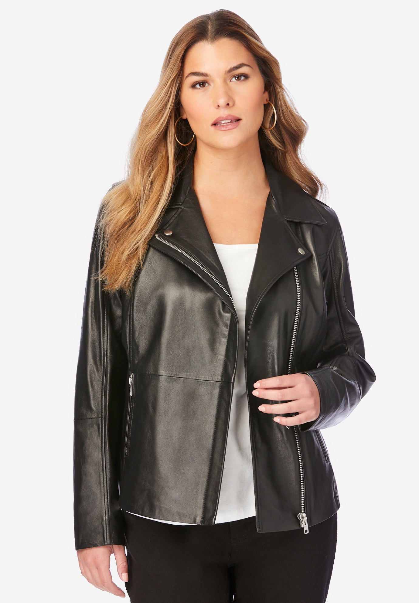 Plus Size Women's Plus Size Moto Leather Jacket by Roaman's in Black (Size 34 W) Motorcycle Zip