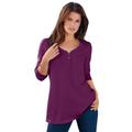 Plus Size Women's Long-Sleeve Henley Ultimate Tee with Sweetheart Neck by Roaman's in Dark Berry (Size S) 100% Cotton Shirt