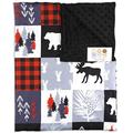 Top Tots “Woodland Animals Collection” Minky Baby Blanket, Moose, Bear, Deer Heads, Trees and Vines, Red and Black Plaid with White and Gray, 29 Inches by 39 Inches, Includes 1-Year Warranty