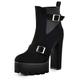 MissHeel Women's Round Toe Platform Boots Buckle Strap High Heel Booties Square Heels Faux Suede Shoes Black Size 7