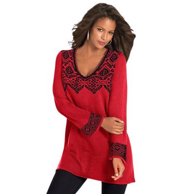 Plus Size Women's Fit And Flare Tunic Sweater by Roaman's in Red Black Fair Isle (Size 22/24)
