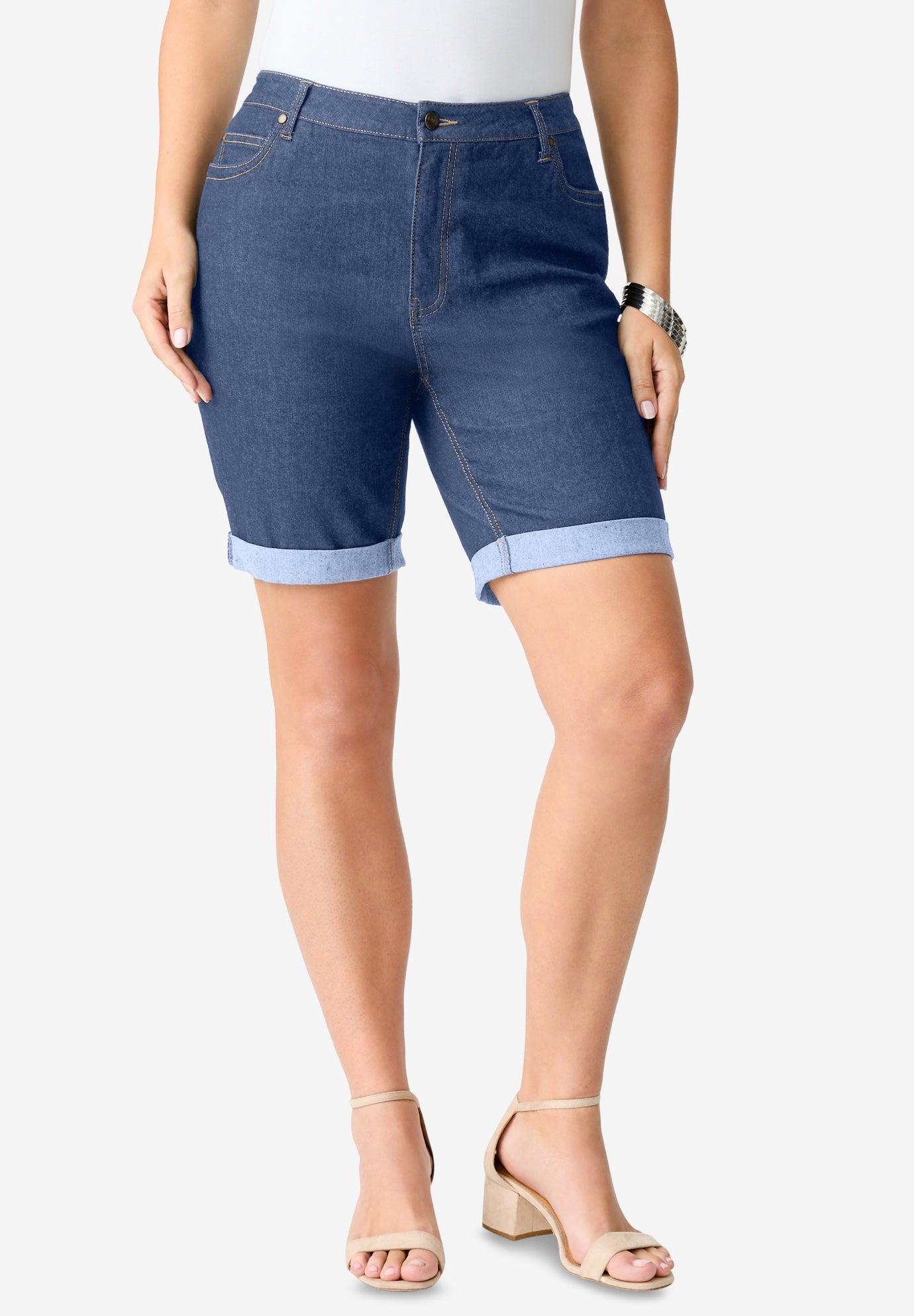 Plus Size Women's Plus Size Classic Stretch Cuffed Short by Denim 24/7 by Roamans in Medium Wash (Size 22 W)