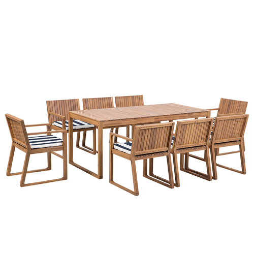 Gartenmöbel Set 8-Sitzer Hellbraun Akazienholz Tisch mit 8 Stühlen und Sitzkissen Marineblau Rustikal Modern Terrasse Garten Ausstattung