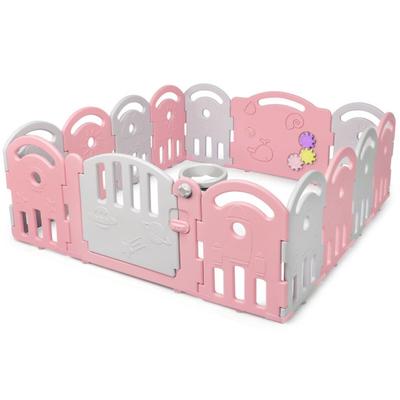 Costway 14-Panel Baby Playpen with Music Box & Basketball Hoop-Pink