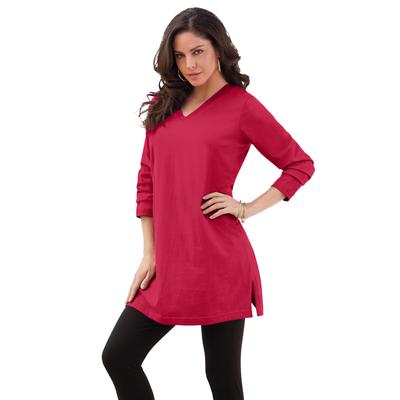 Plus Size Women's Plus Size Cotton Ultimate Long Sleeve V-Neck Tunic by Roaman's in Classic Red (Size S) Long Shirt