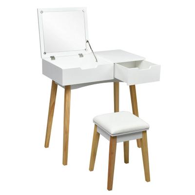 Costway Wooden Vanity Table with Flip Top Mirror and Cushioned Stool