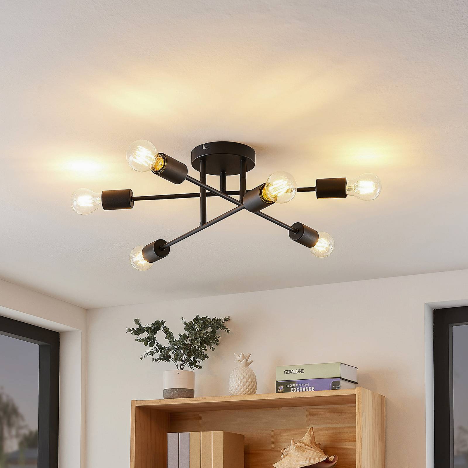 Deckenlampe Estar Lindby, dimmbar, schwarz, für Wohn- / Esszimmer, Metall, Vintage, Deckenlampe