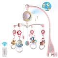 Baby Musical Crib Mobile with Timing Function Projector and Lights,Bed Bell Cot Mobile Hanging Rotating Rattles and Remote Control Music Box, Lullaby Toy for Newborn 0-24 Months,Pink