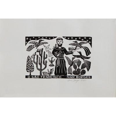 Saint Francis,'St Francis Teaches Birds Black/White Brazilian Woodcut Print'