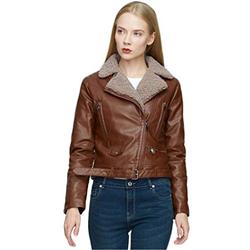 JIER Women's Sheepskin Aviator Leather Jacket Punk Leather Winter Warm Coat Leather Short Fashion Biker Outwear (Brown,S)