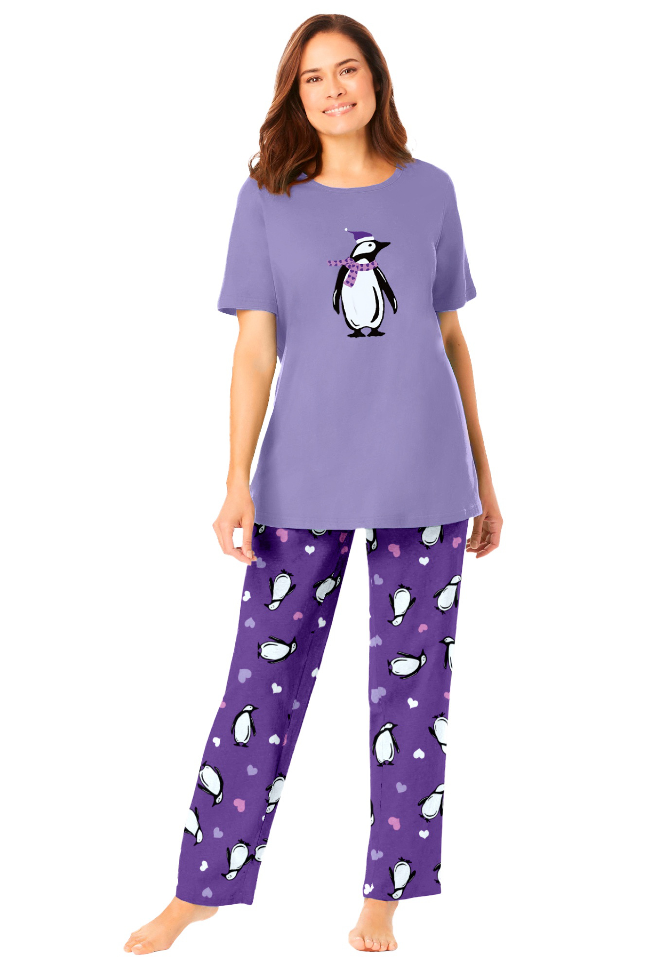 Plus Size Women's Graphic Tee PJ Set by Dreams & Co. in Plum Burst Penguins (Size 3X) Pajamas