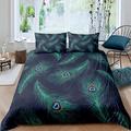 Loussiesd Girls Feather Print Duvet Cover Chic Peacock Feathers Comforter Cover For Kids Women Green Bird Feathers Bedding Set Boho Bedspread Cover Room Decor Double Size Bedclothes Zipper