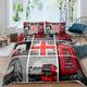 Girls Big Ben Comforter Cover for Kids Women Men Red Gray London UK Theme Bedding Set Famous Telephone Booth Duvet Cover Retro England Bus Bedspread Cover Room Decor Bedclothes King Size