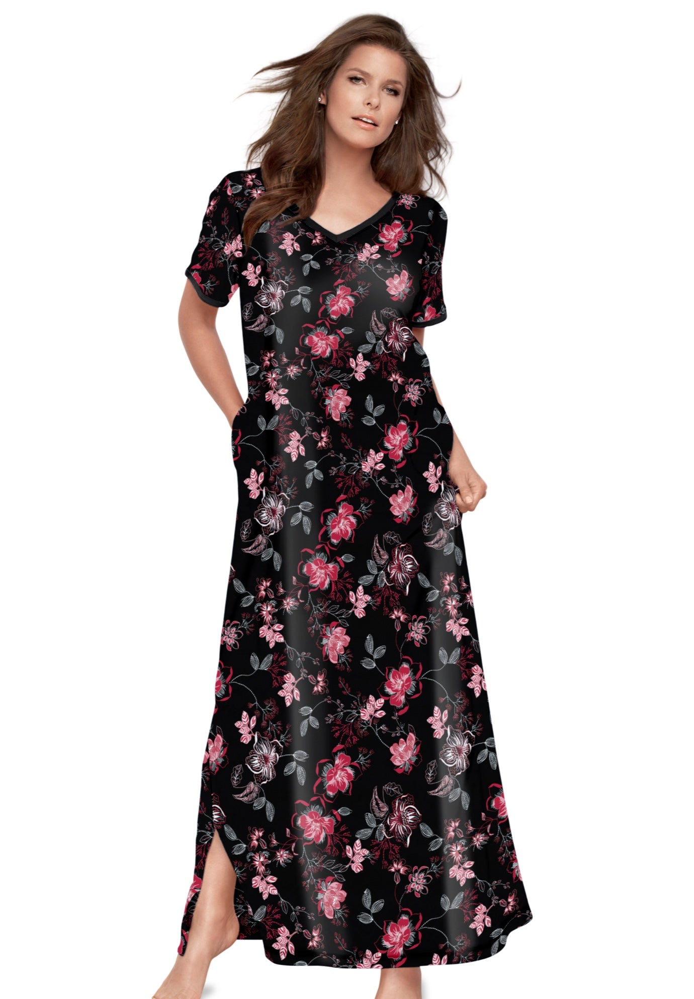 Plus Size Women's Long T-Shirt Lounger by Dreams & Co. in Black Bouquet (Size 7X)