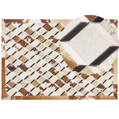 Teppich Braun 160 x 230 cm aus Echtleder Geometrisches Muster rechteckig Wohnzimmer/ Flur/ Schlafzimmer modernes Design