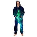 Leezeshaw Unisex 3D Universe Blue Green Starry Sky Printed Long Sleeve Hooded Onesie Jumpsuit All in One Piece Galaxy Pyjamas Nightwear Costumes