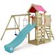 WICKEY Wooden climbing frame MultiFlyer with swing set, pink tarp & turquoise slide, Outdoor kids playhouse with sandpit, climbing ladder & play-accessories for the garden