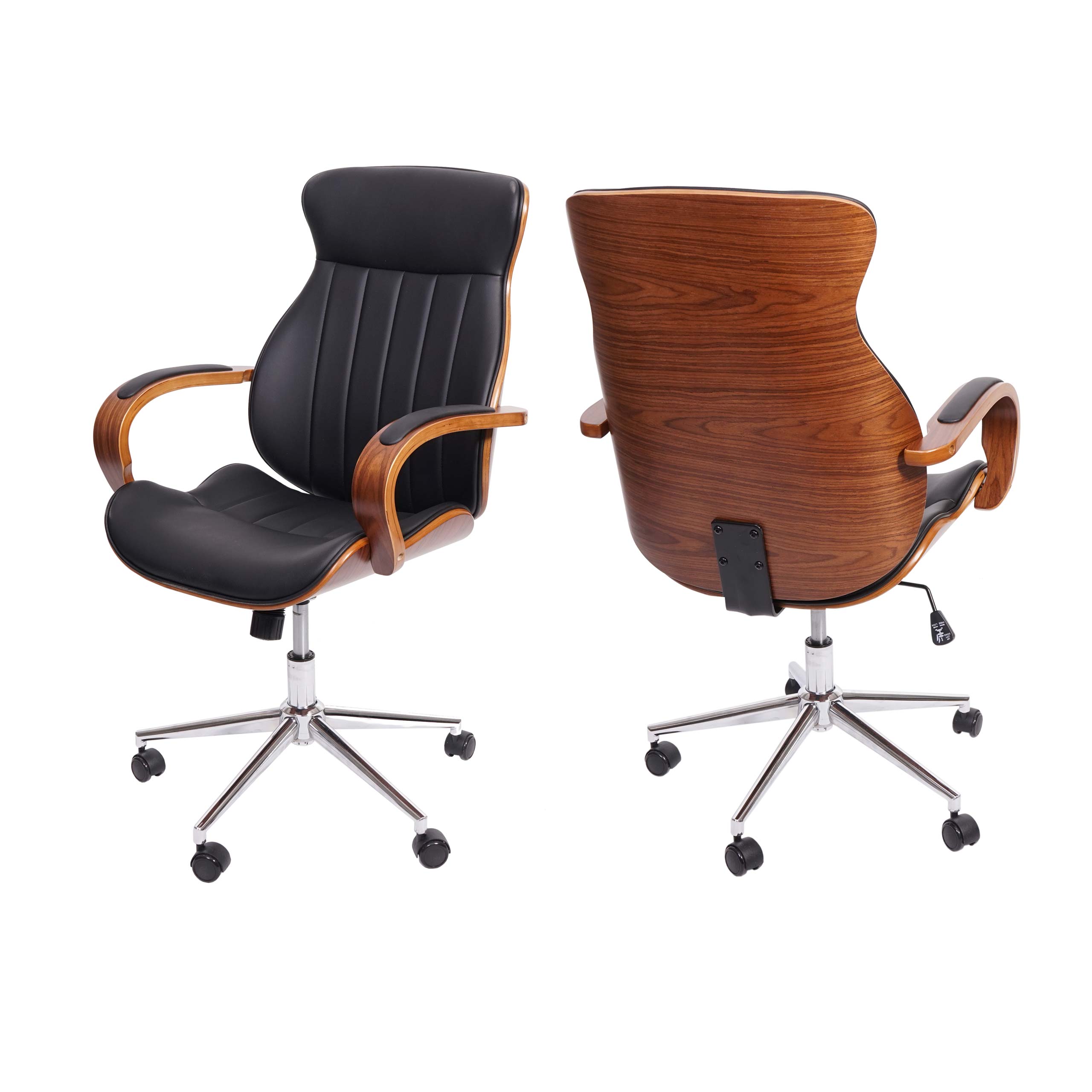 Bürostuhl HWC-H39, Schreibtischstuhl Drehstuhl Chefsessel, Bugholz Walnuss-Optik Kunstleder FSC®-zertifiziert ~ schwarz