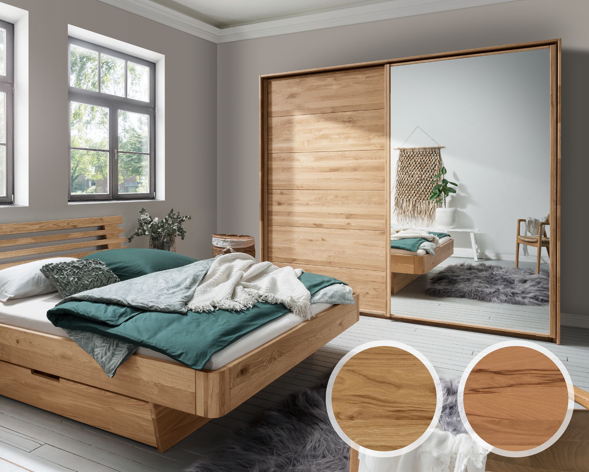 Forestales »Woodside« Schwebetürenschrank 2-türig Holz/Spiegel / 180 cm / Wildeiche