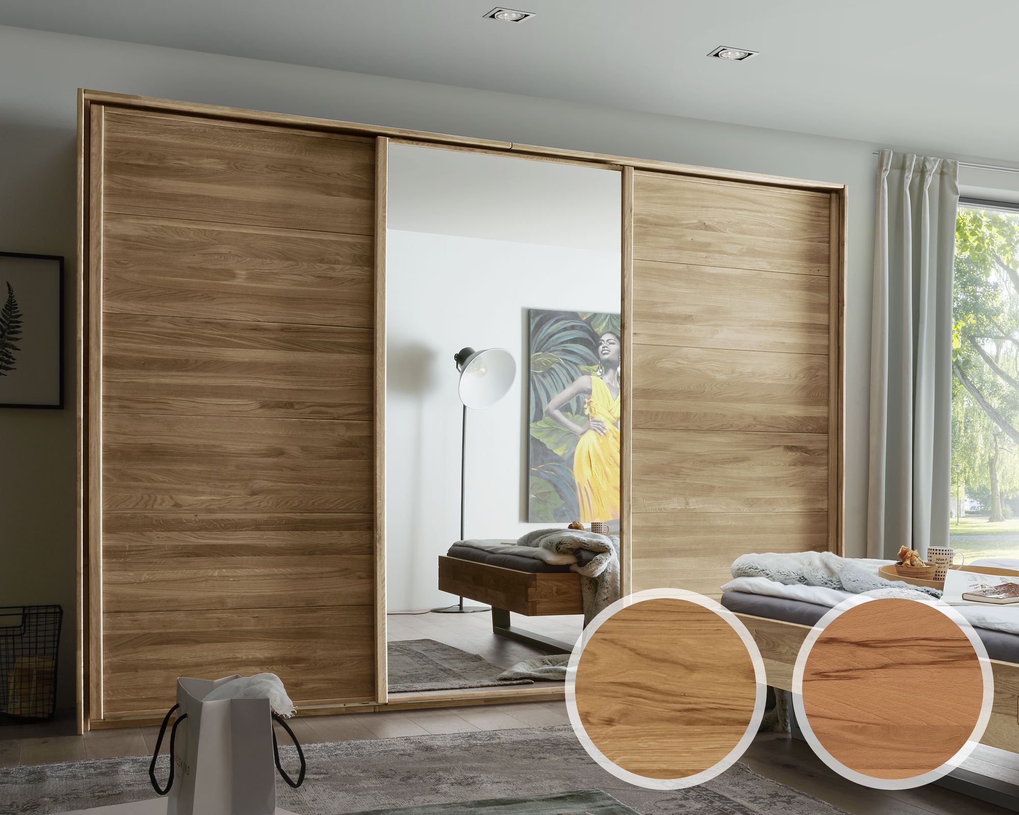 Forestales »Woodside« Schwebetürenschrank 3-türig Holz/Spiegel/Holz / Wildeiche