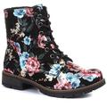 Pavers Women's Lace Up Combat Boots in Black-Pink Floral with Zip Fastening - Hardwearing Sole and Floral Pattern - Ladies Shoes - Size UK 2 / EU 35