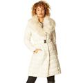 Roman Originals Women Longline Padded Faux Fur Trim Belted Coat - Detachable Hood - Ladies Autumn Winter Long Quilted Showerproof Waterproof Rainproof Thermal Fitted Jacket - Ivory - Size 8