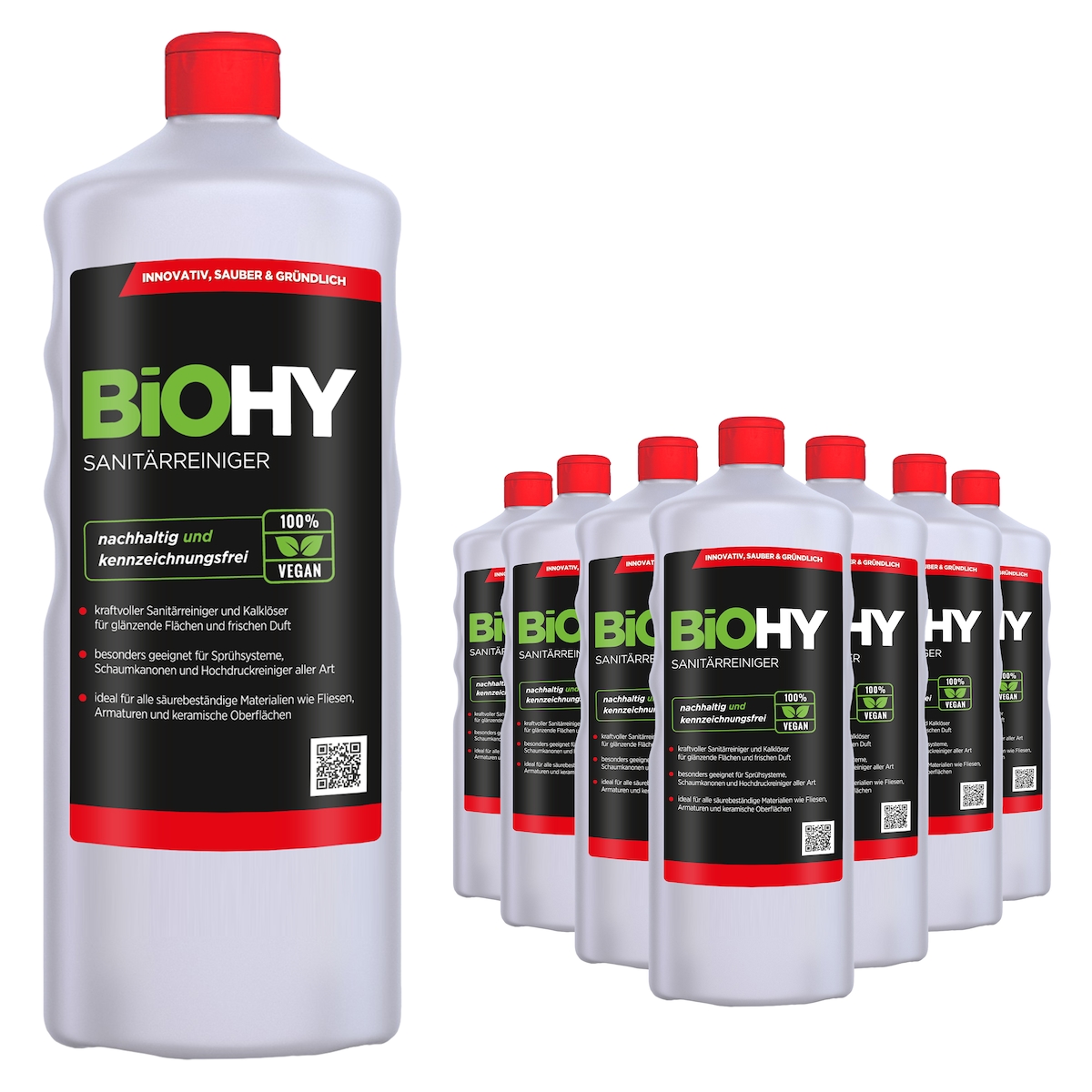 BiOHY Sanitärreiniger (9x1l Flasche) | Kalkzersetzendes Konzentrat für den Sanitärbereich | Badreiniger mit angenehme & frischen Duft | EXTRA STARK Image