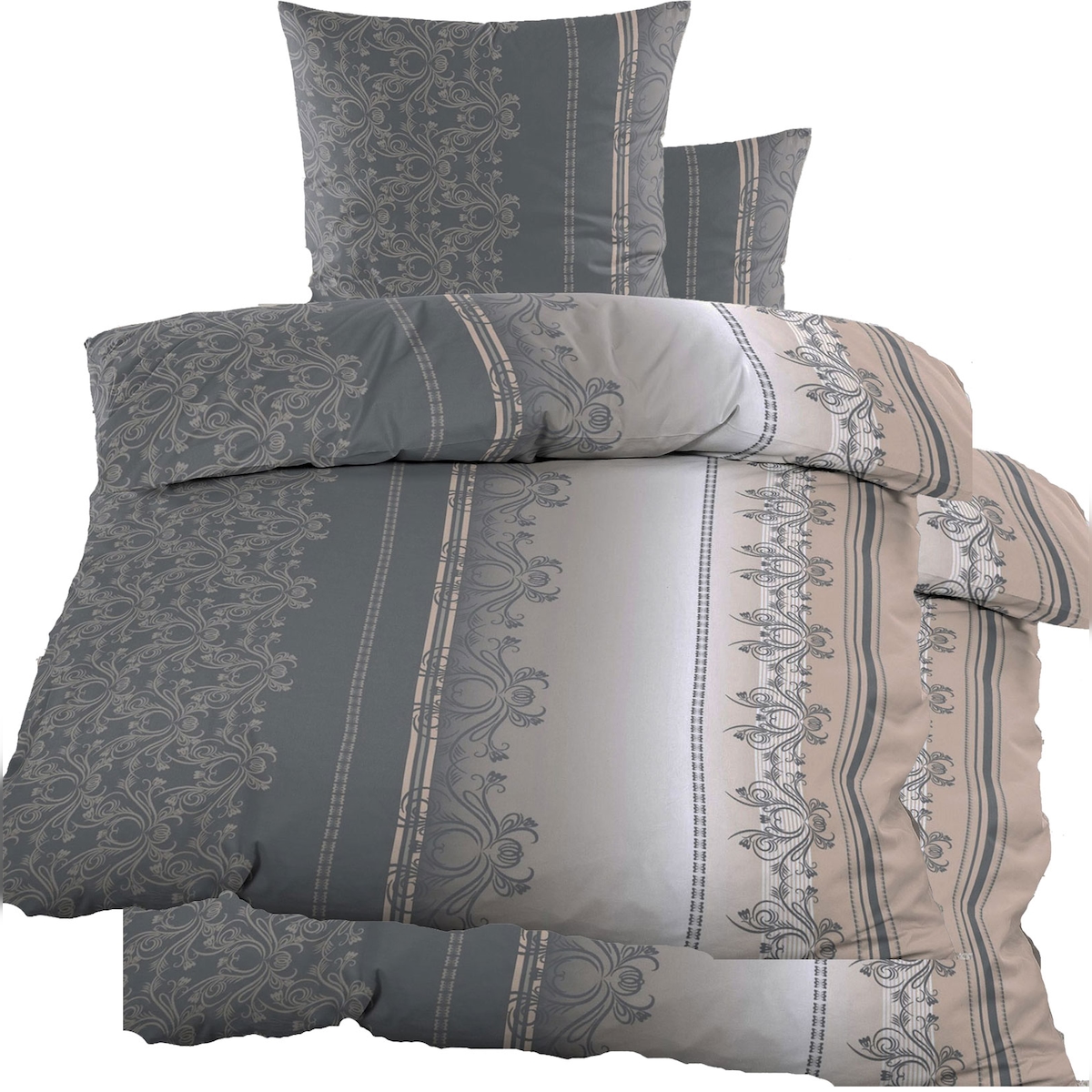KH-Haushaltshandel 4-TLG. Biber Winter Bettwäsche, 2X (135 x 200 + 80x80 cm), grau, Ornamente, 100% Baumwolle Image