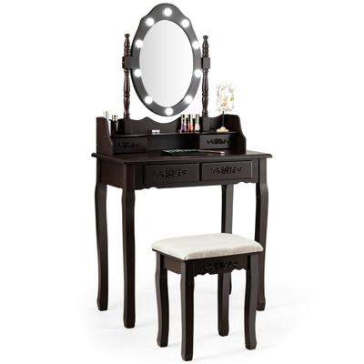 Costway Makeup Vanity Dressing Table Set with Dimmable Bulbs Cushioned Stool-Coffee