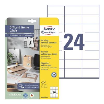 Avery Zweckform Recycling Universaletiketten permanent naturweiß 70x36 mm 240 Stück LR3475-10 weiß Image