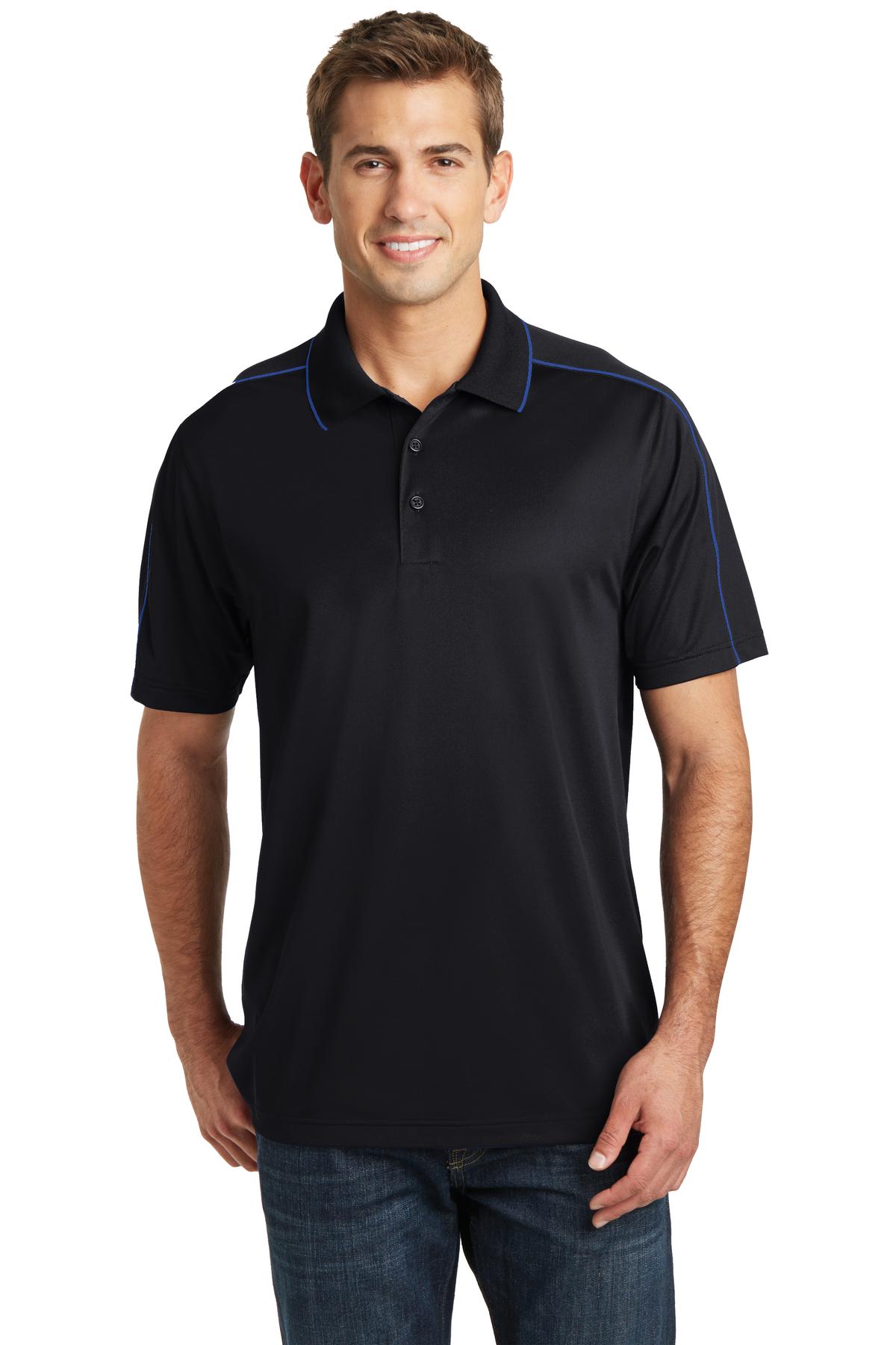 Sport-Tek ST653 Micropique Sport-Wick Piped Polo Shirt in Black/True Royal Blue size Medium | Polyester