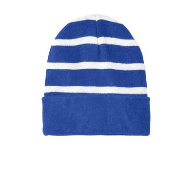 Sport-Tek STC31 Striped Beanie with Solid Band Hat in True Royal/White size OSFA | Polyester